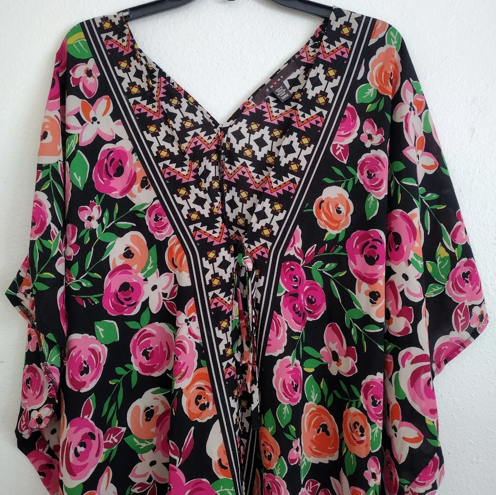 Fever Pink Orange Floral Aztec Kaftan Wrap Cover Up Size Medium